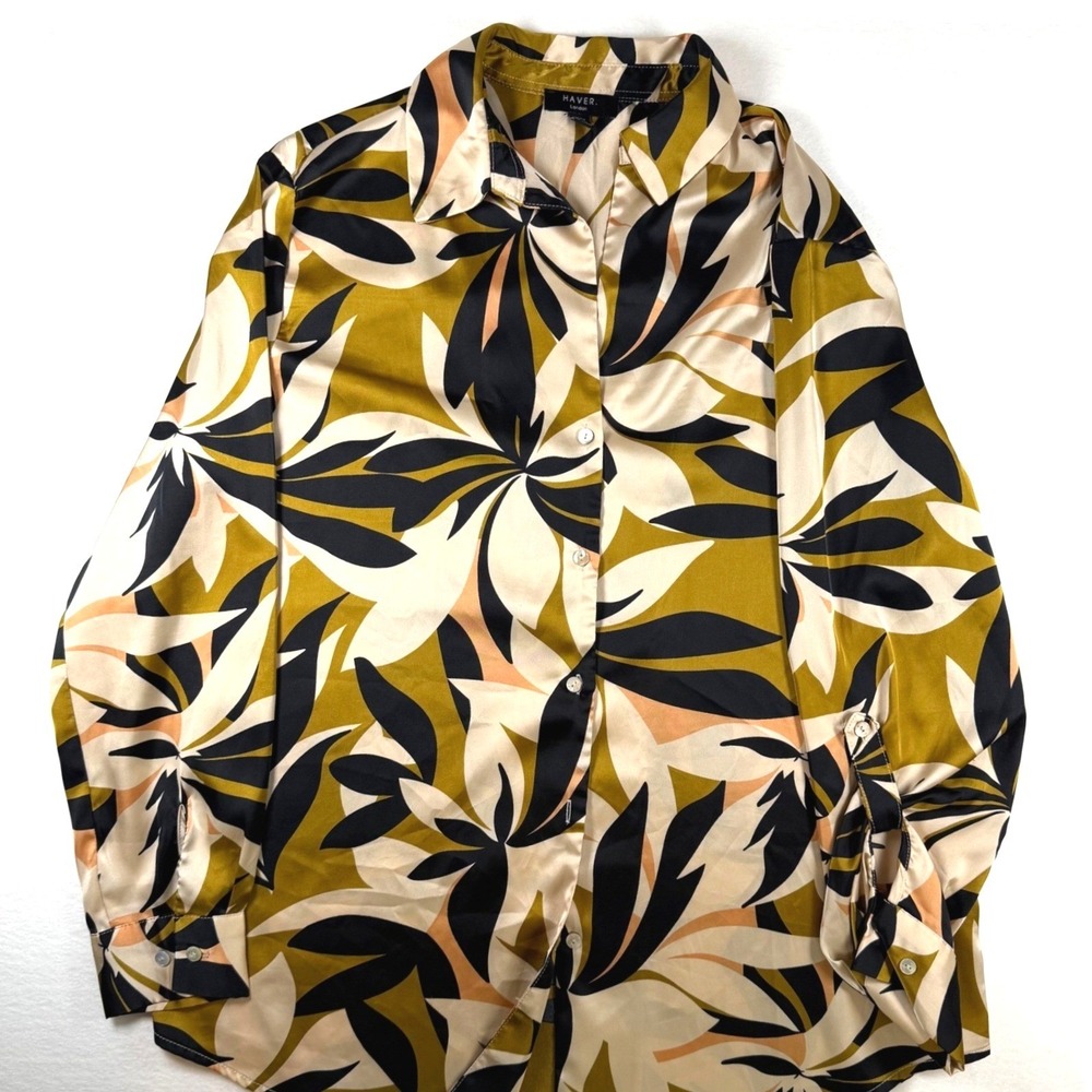 Haver London Womens Abstract Leaf Print Satin Button Down Blouse Mustard XS